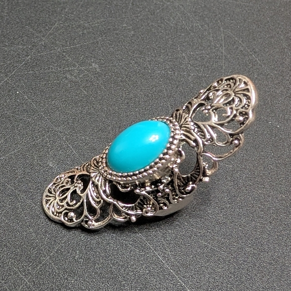 Elegant Silver Filigree Oval Turquoise Boho Statement Ring Size 10 - Picture 2 of 5